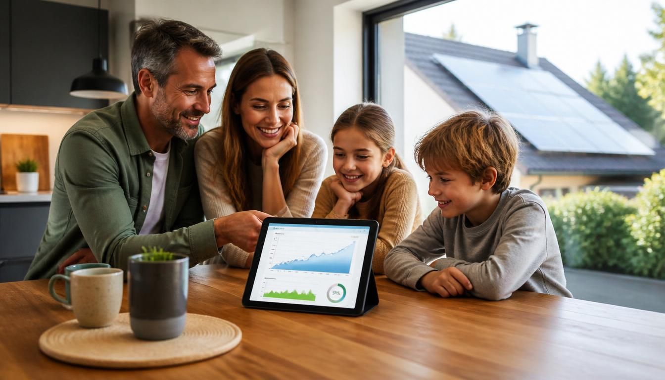Familie prüft die Wirtschaftlichkeit ihrer Photovoltaikanlage am Tablet